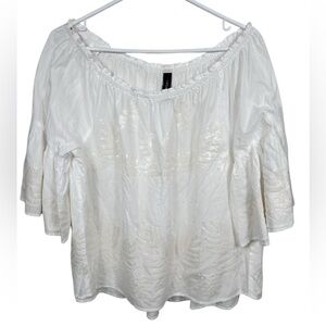 Marc Cain cotton peasant blouse, M, sequins, off shoulder, bell sleeves Boho